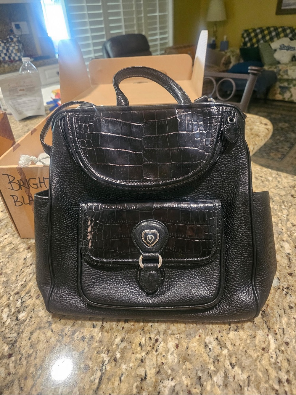 Brighton Black Croc-Trim Leather Backpack